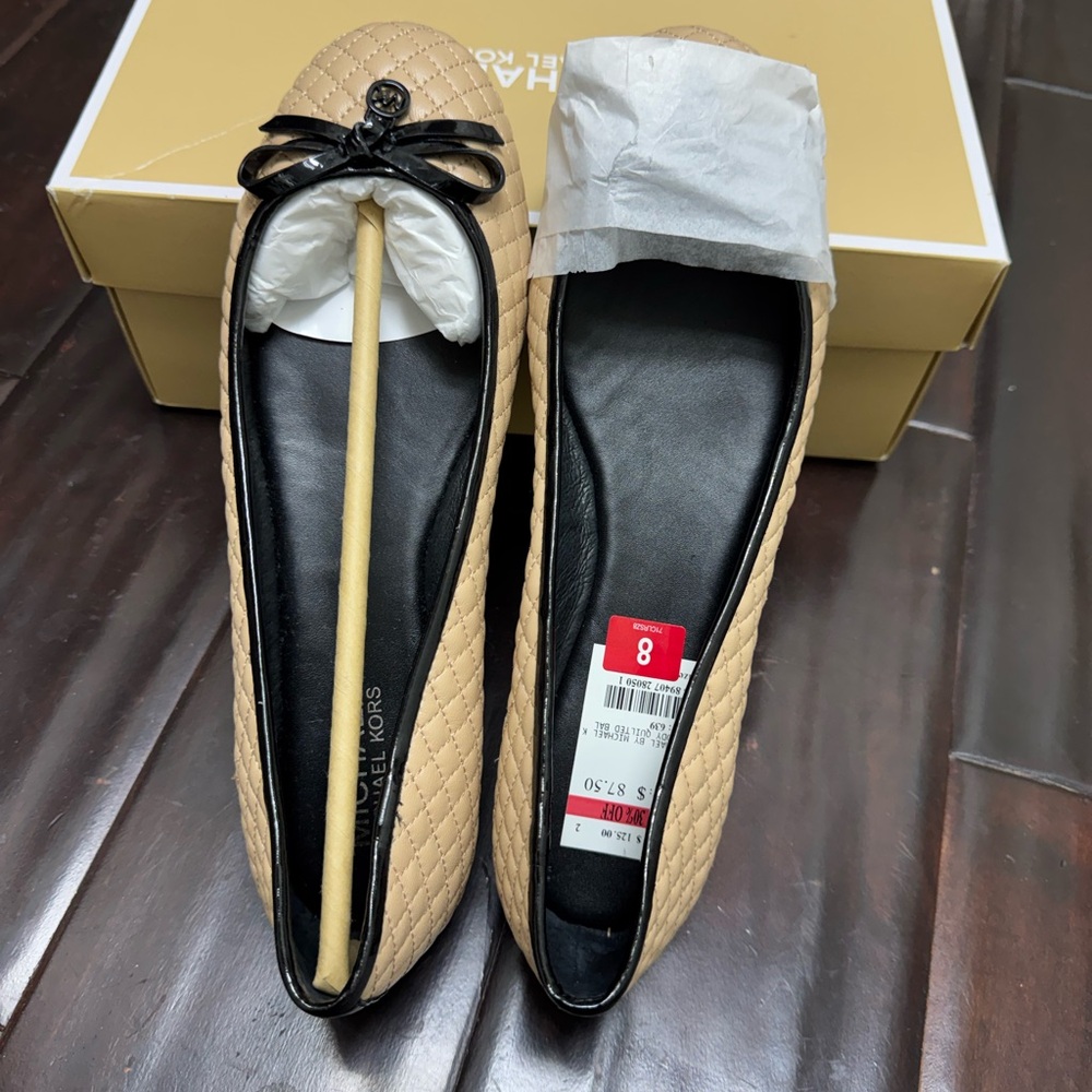 Michael Kors Beige Quilted Flats with Black Bow